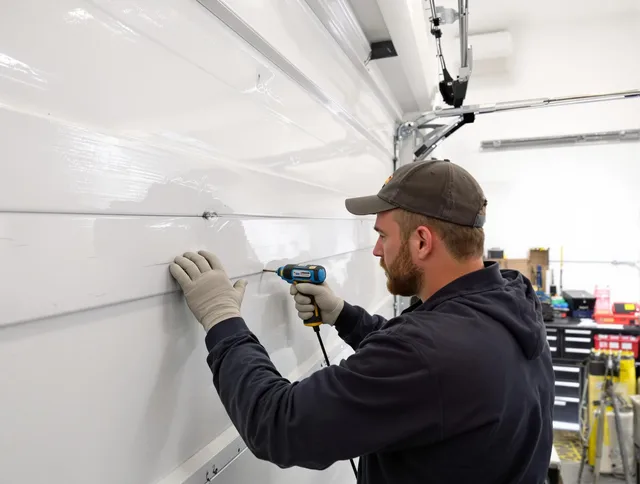 Bexley Garage Door Repair technician demonstrating precision dent removal techniques on a Bexley garage door