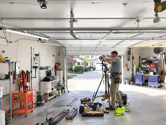 Bexley Garage Door Repair specialist performing laser-guided track alignment in Bexley